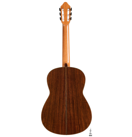 The back of a 2011 Jean-Noel Rohe classical guitar made of spruce and Indian rosewood