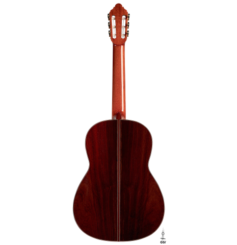 This is the back of a 2022 Jean-Noel Rohe classical guitar made with cedar and CSA rosewood back and sides on a white background