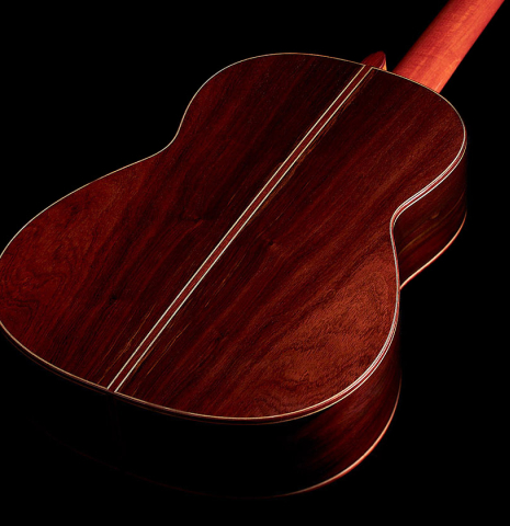 This is the back of a 2022 Jean-Noel Rohe classical guitar made with cedar and CSA rosewood back and sides