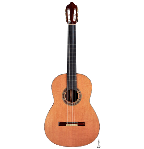 This is the front of a 2022 Jean-Noel Rohe classical guitar made with cedar and CSA rosewood back and sides on a white background