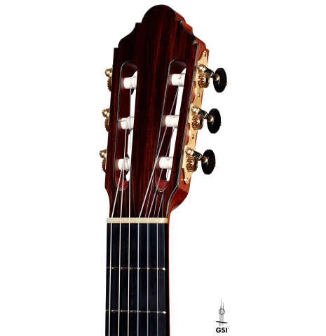 This is the headstock and tuners of a 2022 Jean-Noel Rohe classical guitar made with cedar and CSA rosewood back and sides on a white background
