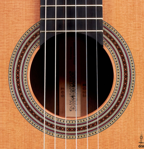 This is the rosette of a 2022 Jean-Noel Rohe classical guitar made with cedar and CSA rosewood back and sides