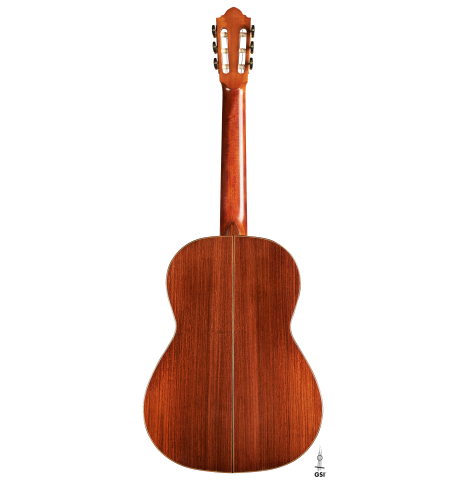 The back of a 2003 Jean-Noel Rohe classical guitar made of spruce and Indian rosewood