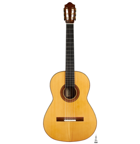 The front of a 2003 Jean-Noel Rohe classical guitar made of spruce and Indian rosewood