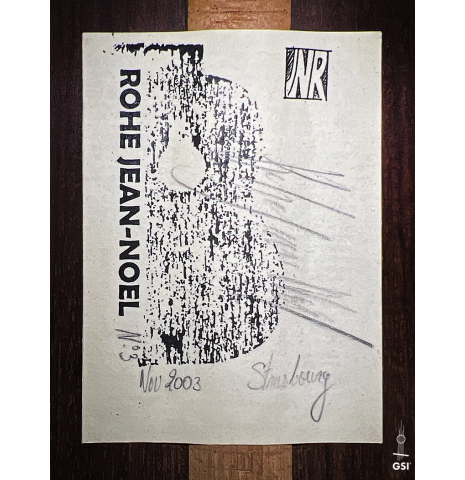 The label of a 2003 Jean-Noel Rohe classical guitar made of spruce and Indian rosewood
