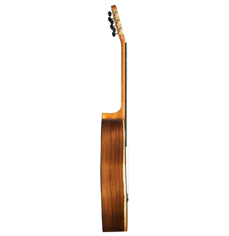 The side of a 2015 Pepe Romero &quot;Centenario&quot; classical guitar made with cedar soundboard and CSA rosewood back and sides on a white background