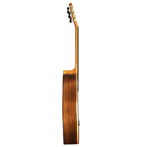 The side of a 2015 Pepe Romero "Centenario" classical guitar made with cedar soundboard and CSA rosewood back and sides on a white background