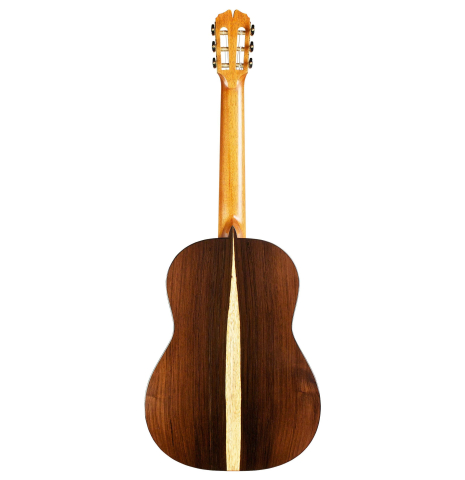 The back of a 2015 Pepe Romero "Centenario" classical guitar made with cedar soundboard and CSA rosewood back and sides on a white background