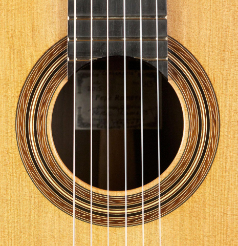 The rosette of a 2015 Pepe Romero "Centenario" classical guitar made with cedar soundboard and CSA rosewood back and sides