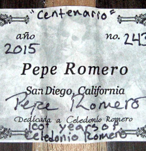 The label of a 2015 Pepe Romero &quot;Centenario&quot; classical guitar made with cedar soundboard and CSA rosewood back and sides