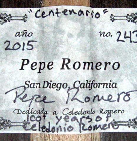 The label of a 2015 Pepe Romero "Centenario" classical guitar made with cedar soundboard and CSA rosewood back and sides