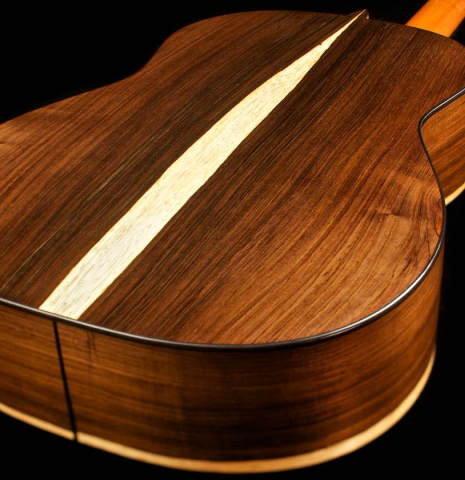 The back of a 2015 Pepe Romero &quot;Centenario&quot; classical guitar made with cedar soundboard and CSA rosewood back and sides