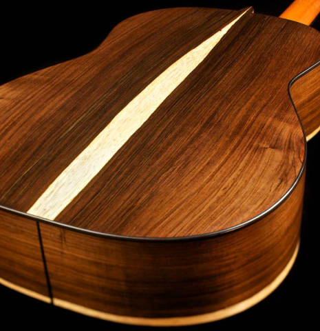 The back of a 2015 Pepe Romero "Centenario" classical guitar made with cedar soundboard and CSA rosewood back and sides