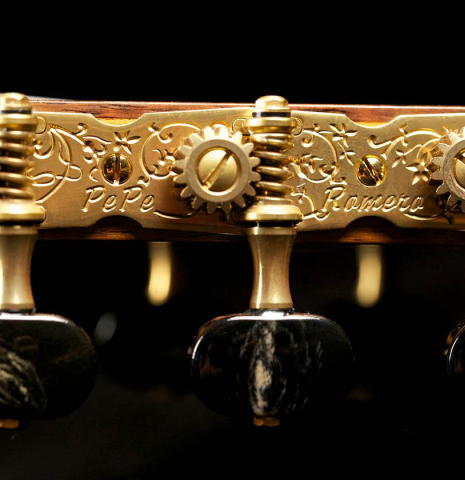 The machine heads of a 2015 Pepe Romero "Centenario" classical guitar made with cedar soundboard and CSA rosewood back and sides