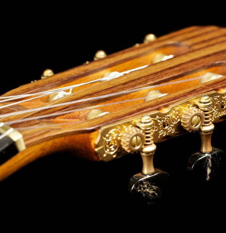 The headstock of a 2015 Pepe Romero "Centenario" classical guitar made with cedar soundboard and CSA rosewood back and sides