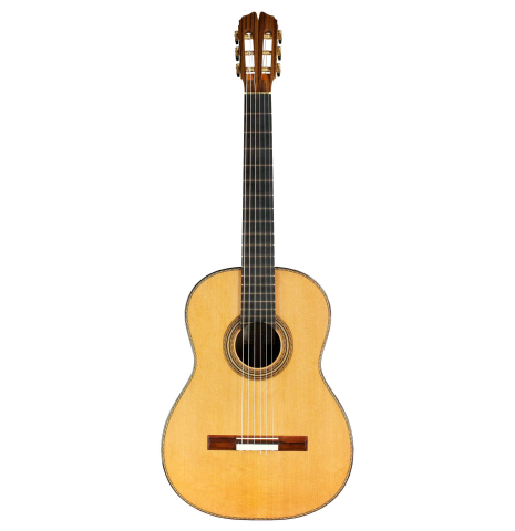 The front of a 2015 Pepe Romero &quot;Centenario&quot; classical guitar made with cedar soundboard and CSA rosewood back and sides on a white background