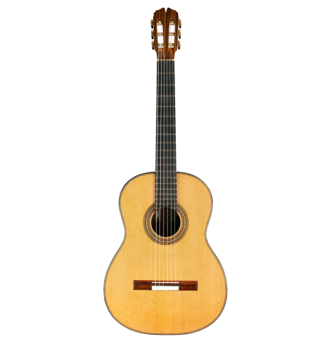 The front of a 2015 Pepe Romero "Centenario" classical guitar made with cedar soundboard and CSA rosewood back and sides on a white background