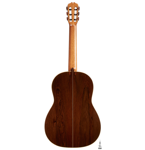 The back of a 2024 Pepe Romero classical guitar made of cedar and CSA rosewood