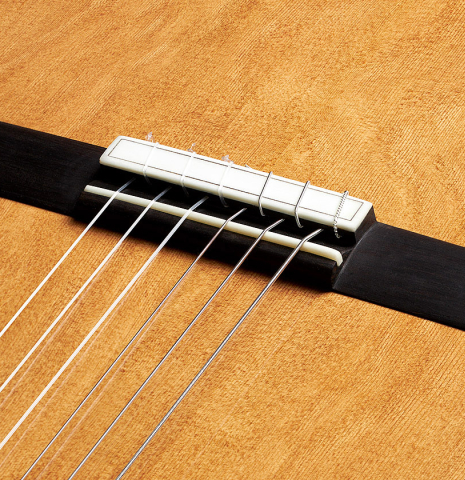 The bridge, tie-block and saddle of a 2024 Pepe Romero classical guitar made of cedar and CSA rosewood