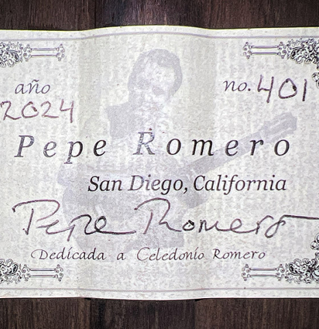 The label of a 2024 Pepe Romero classical guitar made of cedar and CSA rosewood