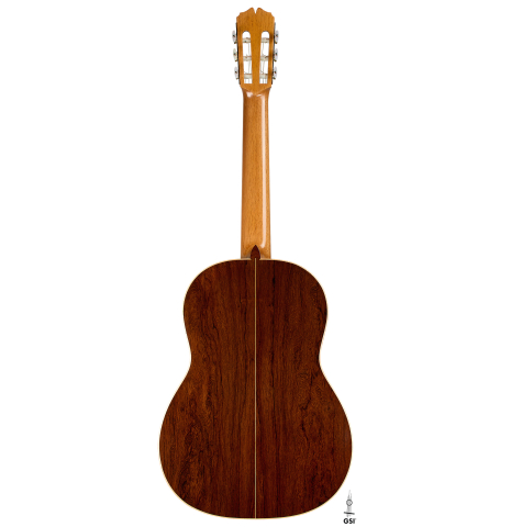 The back of a 2025 Pepe Romero classical guitar made of cedar and African rosewood
