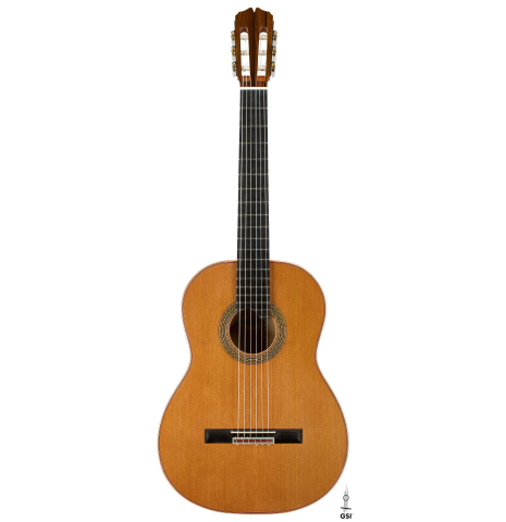 The front of a 2025 Pepe Romero classical guitar made of cedar and African rosewood