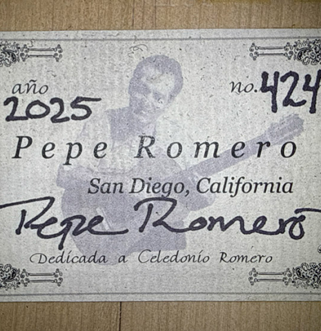 The label of a 2025 Pepe Romero classical guitar made of cedar and African rosewood