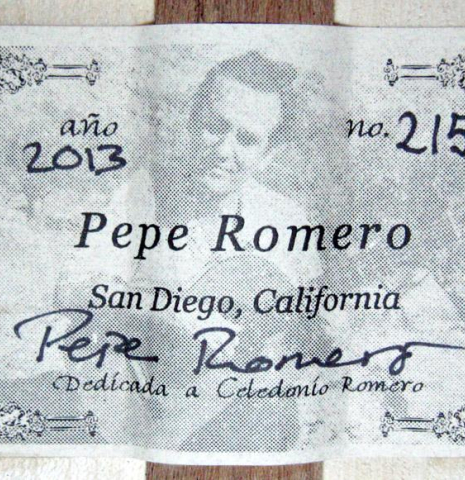 The label of a 2013 Pepe Romero classical guitar made of spruce and maple