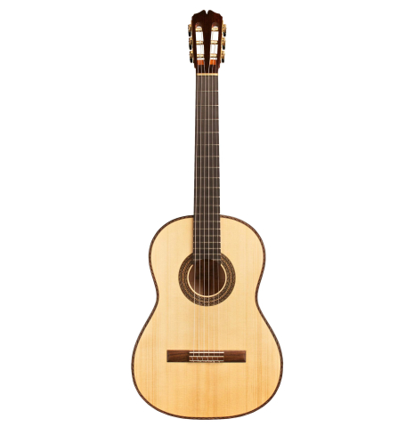 The front of a 2013 Pepe Romero classical guitar made of spruce and maple