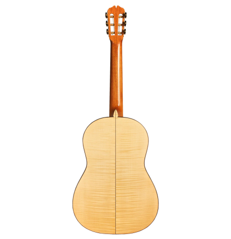 The back of a 2013 Pepe Romero classical guitar made of spruce and maple