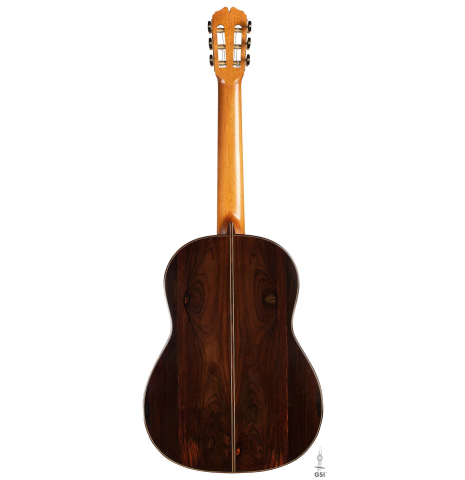 The back of a 2017 Pepe Romero "Centenario" classical guitar made of spruce and CSA rosewood