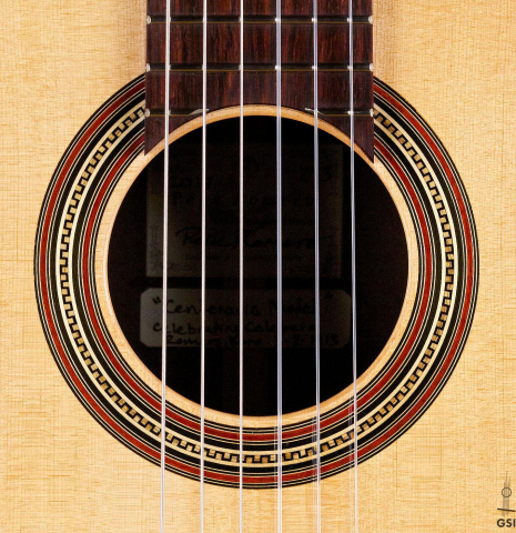 The rosette of a 2017 Pepe Romero &quot;Centenario&quot; classical guitar made of spruce and CSA rosewood
