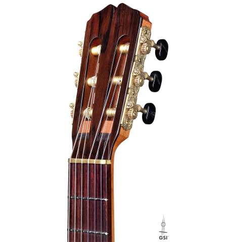 The headstock and machine heads of a 2017 Pepe Romero "Centenario" classical guitar made of spruce and CSA rosewood