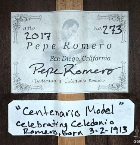 The label of a 2017 Pepe Romero "Centenario" classical guitar made of spruce and CSA rosewood