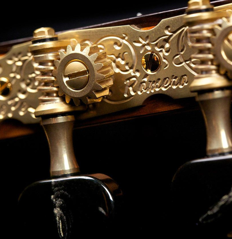 The machine heads of a 2017 Pepe Romero "Centenario" classical guitar made of spruce and CSA rosewood