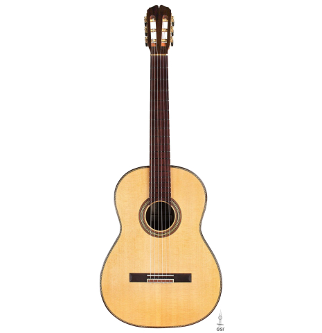 The front of a 2017 Pepe Romero "Centenario" classical guitar made of spruce and CSA rosewood