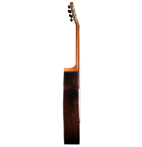 The side of a 2017 Pepe Romero "Centenario" classical guitar made of spruce and CSA rosewood