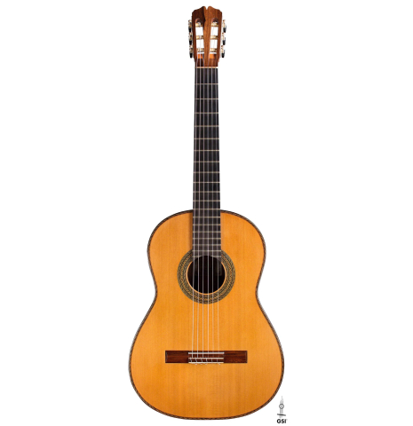 The front of a 2012 Pepe Romero classical guitar (ex Vicente Coves) made with cedar and CSA rosewood.