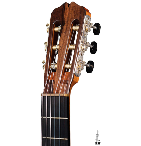 The headstock of a 2012 Pepe Romero classical guitar (ex Vicente Coves) made with cedar and CSA rosewood.
