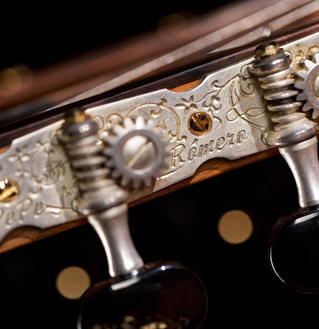The tuning machines of a 2012 Pepe Romero classical guitar (ex Vicente Coves) made with cedar and CSA rosewood.