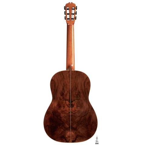 The back of a 2022 Pepe Romero classical guitar made of spruce and CSA rosewood.