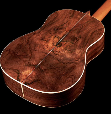 The back of a 2022 Pepe Romero classical guitar made of spruce and CSA rosewood.