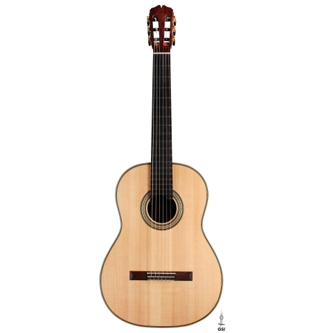 The front of a 2022 Pepe Romero classical guitar made of spruce and CSA rosewood.