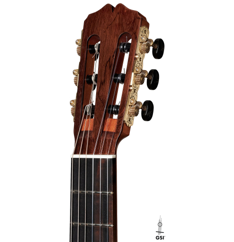 The headstock of a 2022 Pepe Romero classical guitar made of spruce and CSA rosewood.
