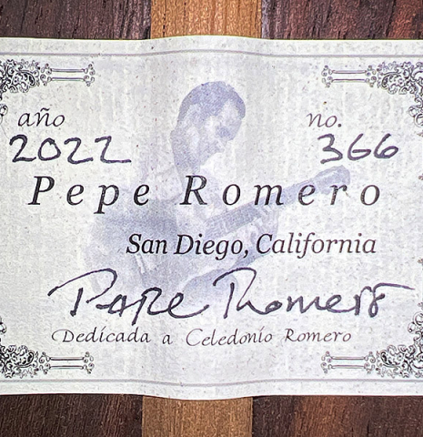 The label of a 2022 Pepe Romero classical guitar made of spruce and CSA rosewood.
