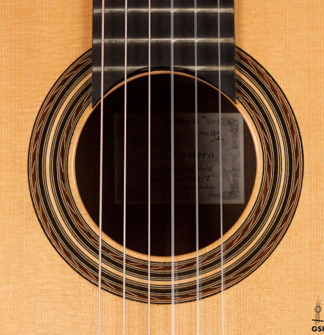 The rosette of a 2006 Pepe Romero classical guitar made of spruce and CSA rosewood