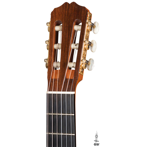 The headstock of a 2006 Pepe Romero classical guitar made of spruce and CSA rosewood
