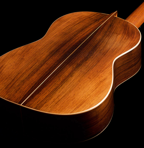 The back of a 2006 Pepe Romero classical guitar made of spruce and CSA rosewood
