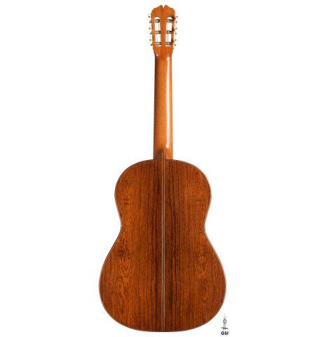 The back of a 2011 Pepe Romero (ex Angel Romero) classical guitar made of cedar and African rosewood