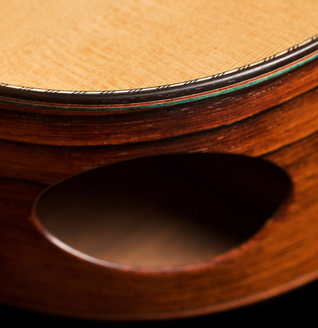 The sound port of a 2011 Pepe Romero (ex Angel Romero) classical guitar made of cedar and African rosewood